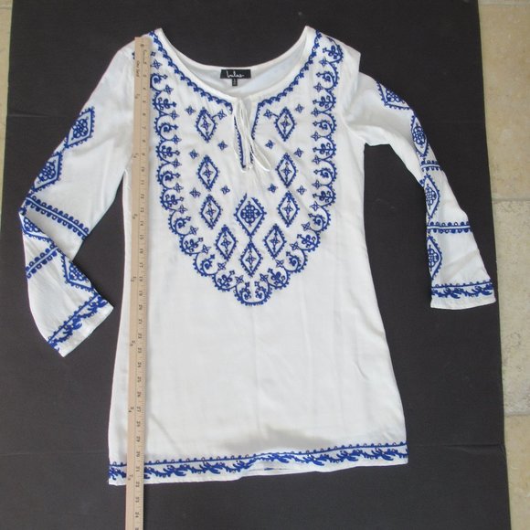 Lulus Womens Sz. S Long Sleeve Embroidered Tie Neck Boho Mini Dress White Blue - Picture 9 of 12